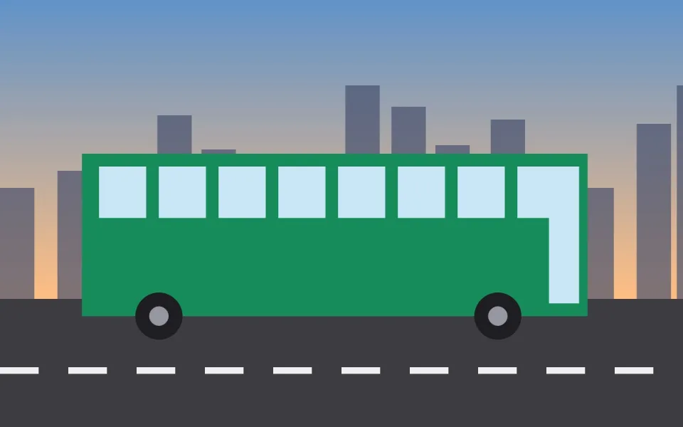 Illustration of an electric bus passing the city